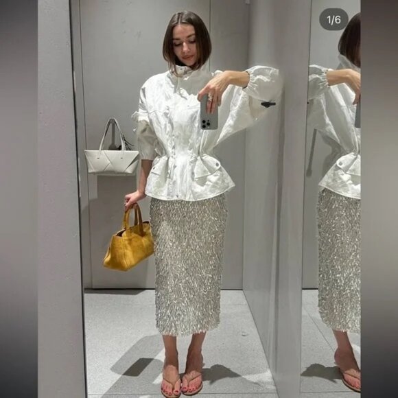 Zara Silver Sequin Midi Skirt - Picture 1 of 9